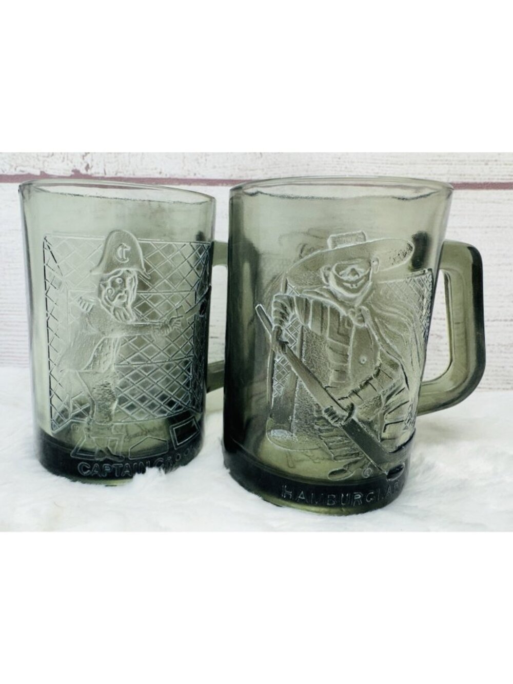 McDonalds HAMBURGLAR & CAPTAIN CROOK Smoky Black Glass Coffee Mug Cup (1970) 2pc